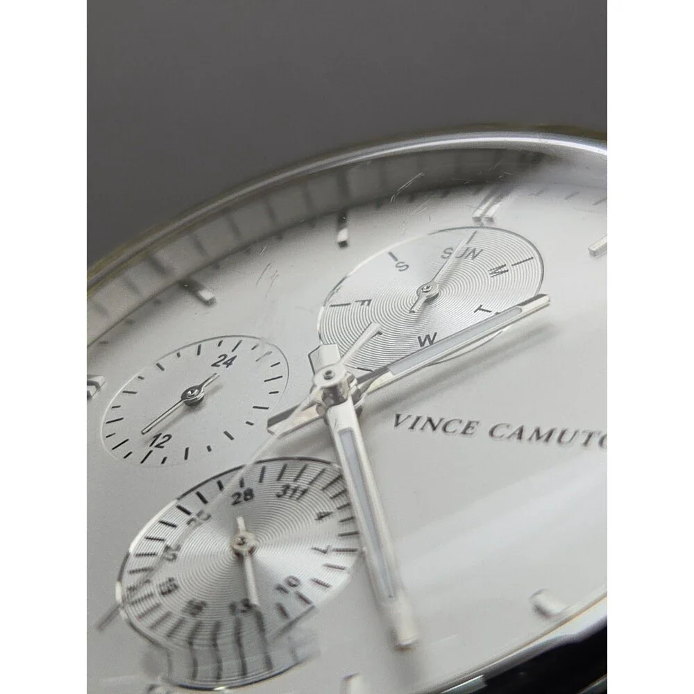 Vince Camuto Mens 42mm Watch VC1101SV Silver Tone Multi Dial Leather New Battery